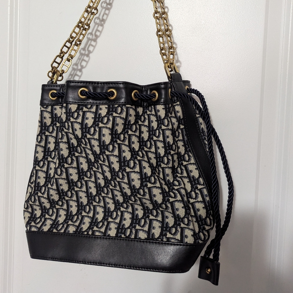 Authentic Christian Dior Oblique Drawstring Chain Bucket Large bag